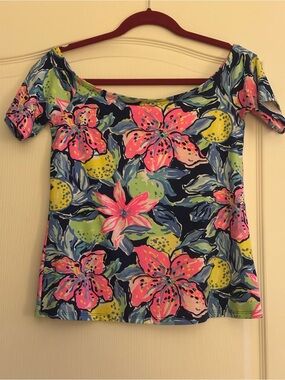 Lilly Pulitzer Floral Off-Shoulder Women's Top in Navy and Pink